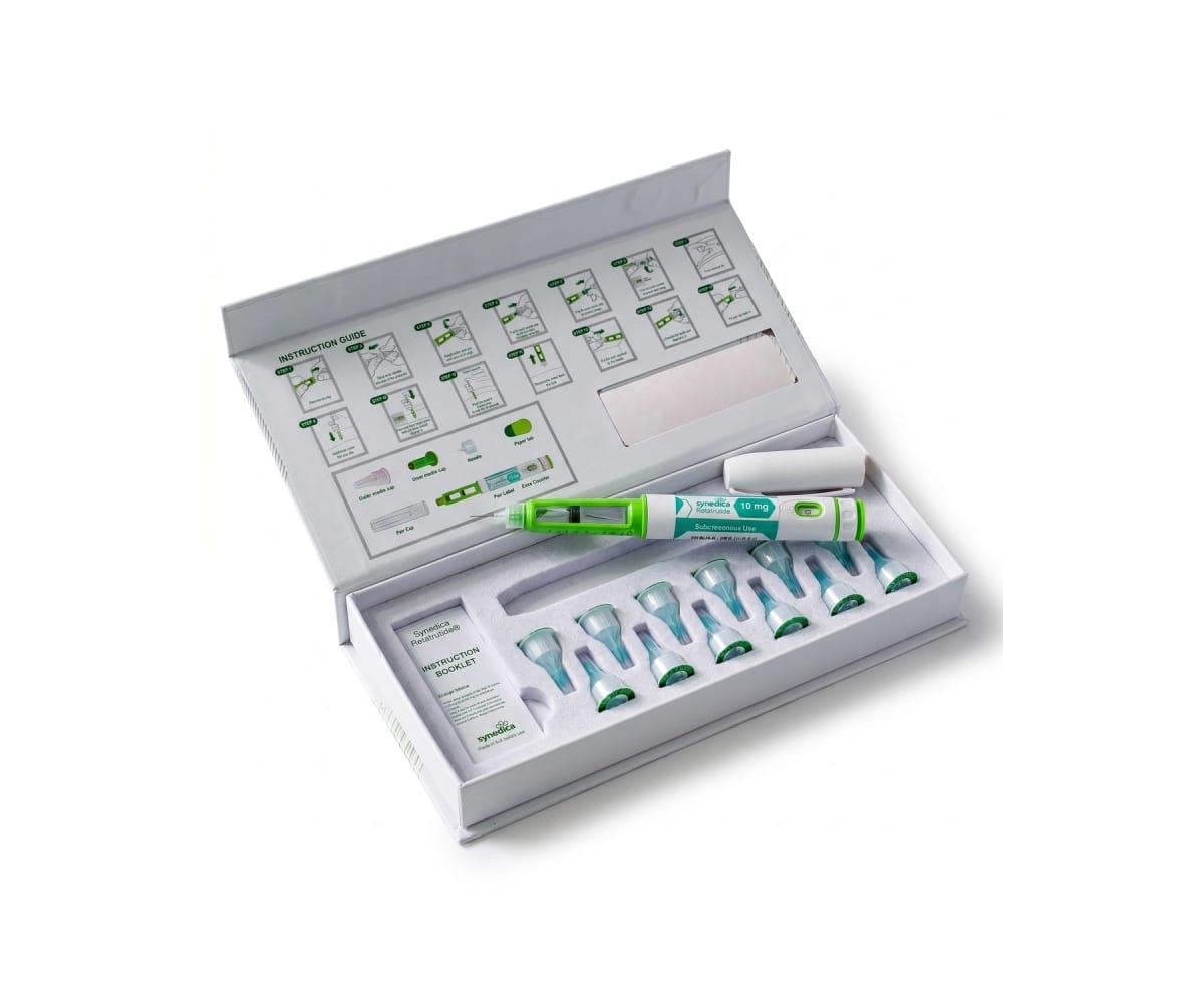 Ретатрутид SYNEDICA — minus.clinic Кейс SYNEDICA Retatrutide 40 мг: шприц-ручка, голки 32g, інструкція